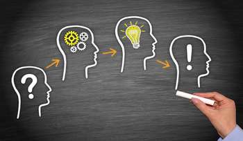 Diagram showing stages of thinking: confusion, processing, idea, and realization.